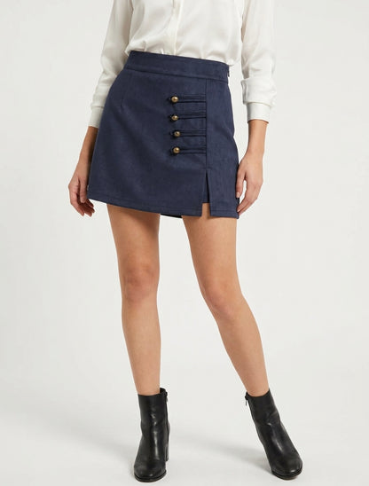 Suède rok-short met decoratieve knopen - Marine