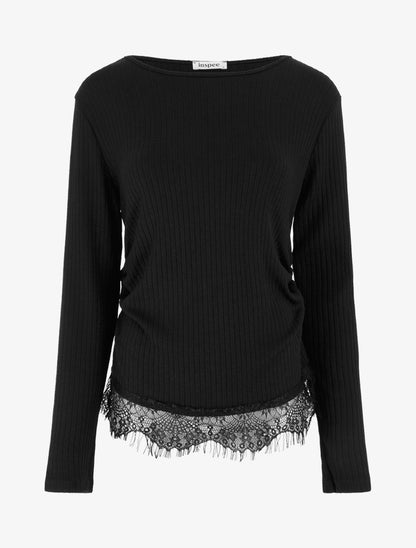 Pull côtelé bas dentelle et côtés froncés - Noir - 1