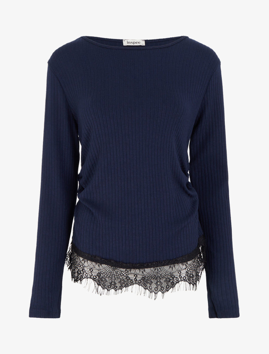 Pull côtelé bas dentelle et côtés froncés - Marine - 1