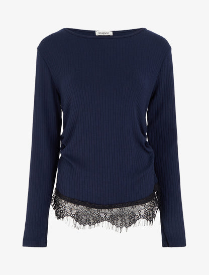 Pull côtelé bas dentelle et côtés froncés - Marine - 1