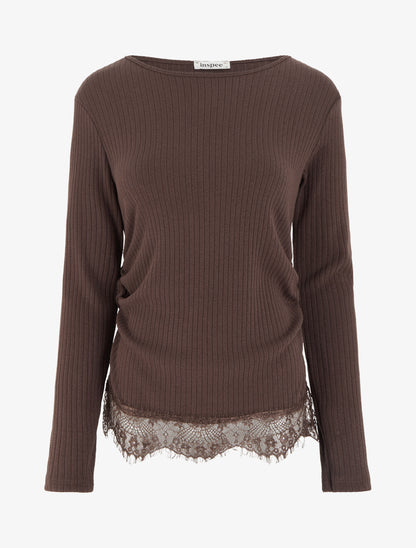 Pull côtelé bas dentelle et côtés froncés - Marron - 1