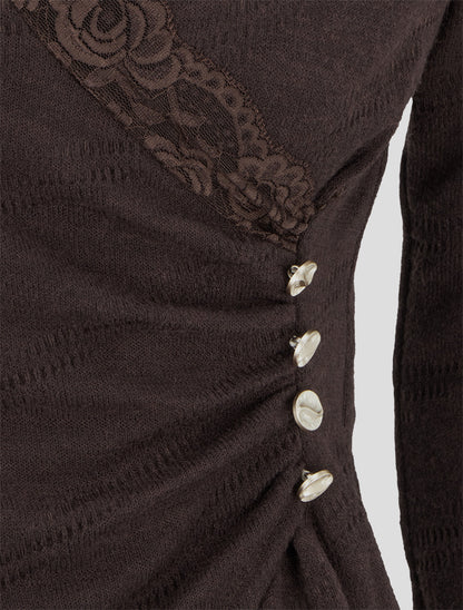 Pull fin à col V en dentelle - Marron - 3