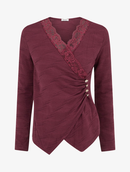 Pull fin à col V en dentelle - Lie de vin - 1