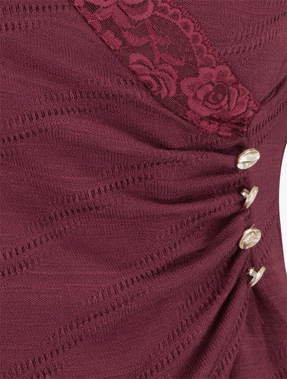 Pull fin à col V en dentelle - Lie de vin - 3