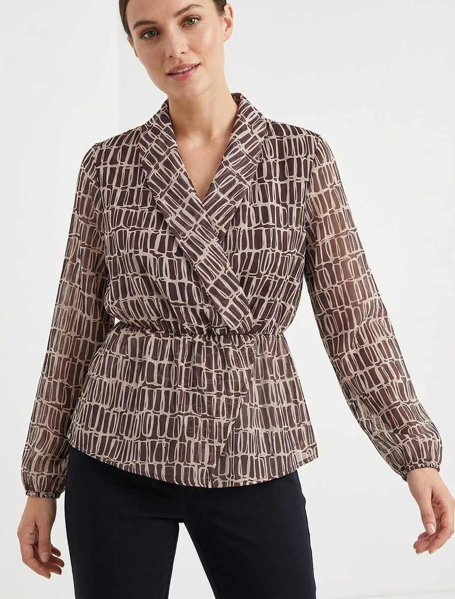 Bedrukte blouse met overslagkraag - Bruin