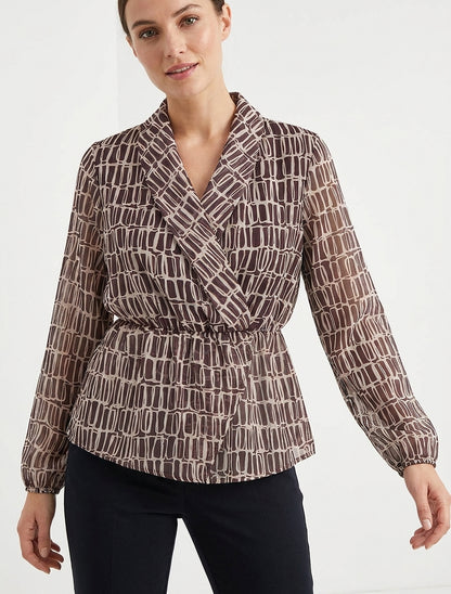 Bedrukte blouse met overslagkraag - Bruin
