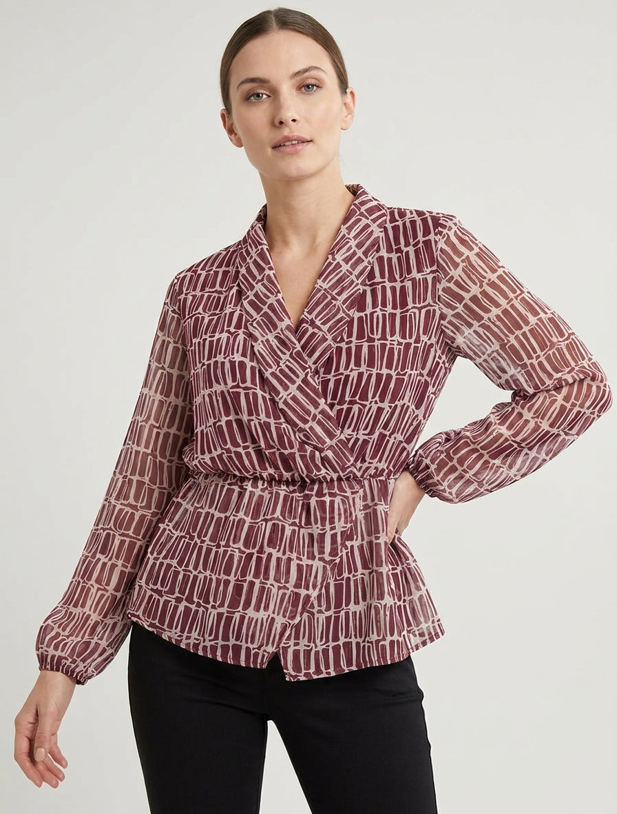 Bedrukte blouse met overslagkraag - Bordeaux