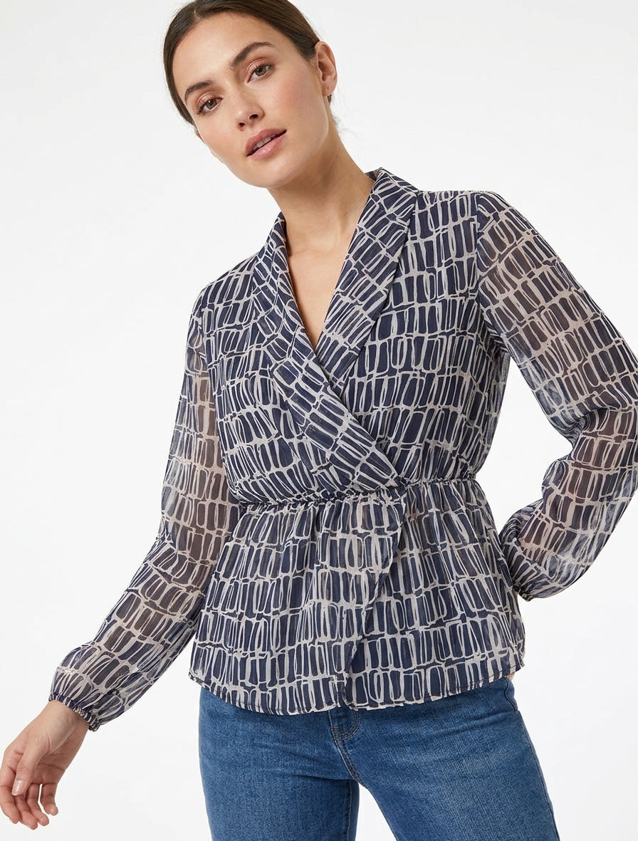Bedrukte blouse met overslagkraag - Marine