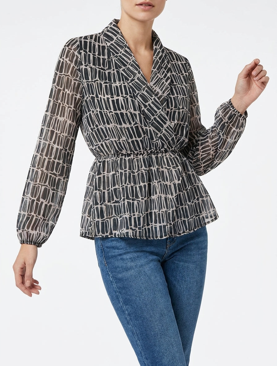 Bedrukte blouse met overslagkraag - Zwart