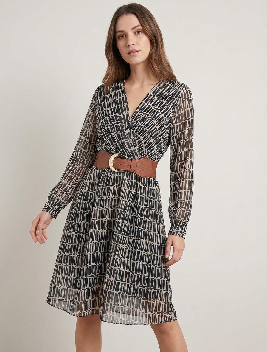 Elastische midi-jurk met grafische print - Zwart