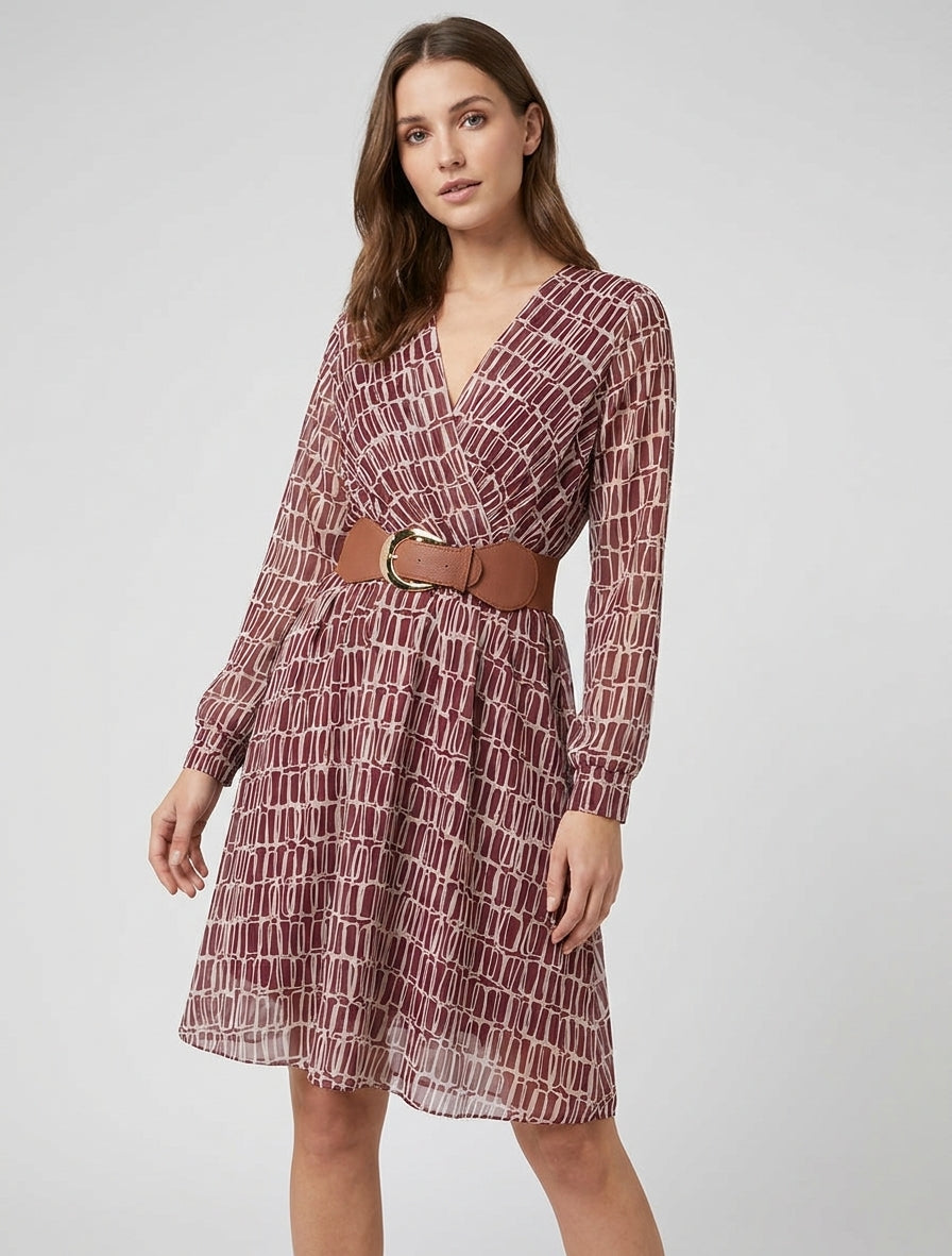 Elastische midi-jurk met grafische print - Bordeaux