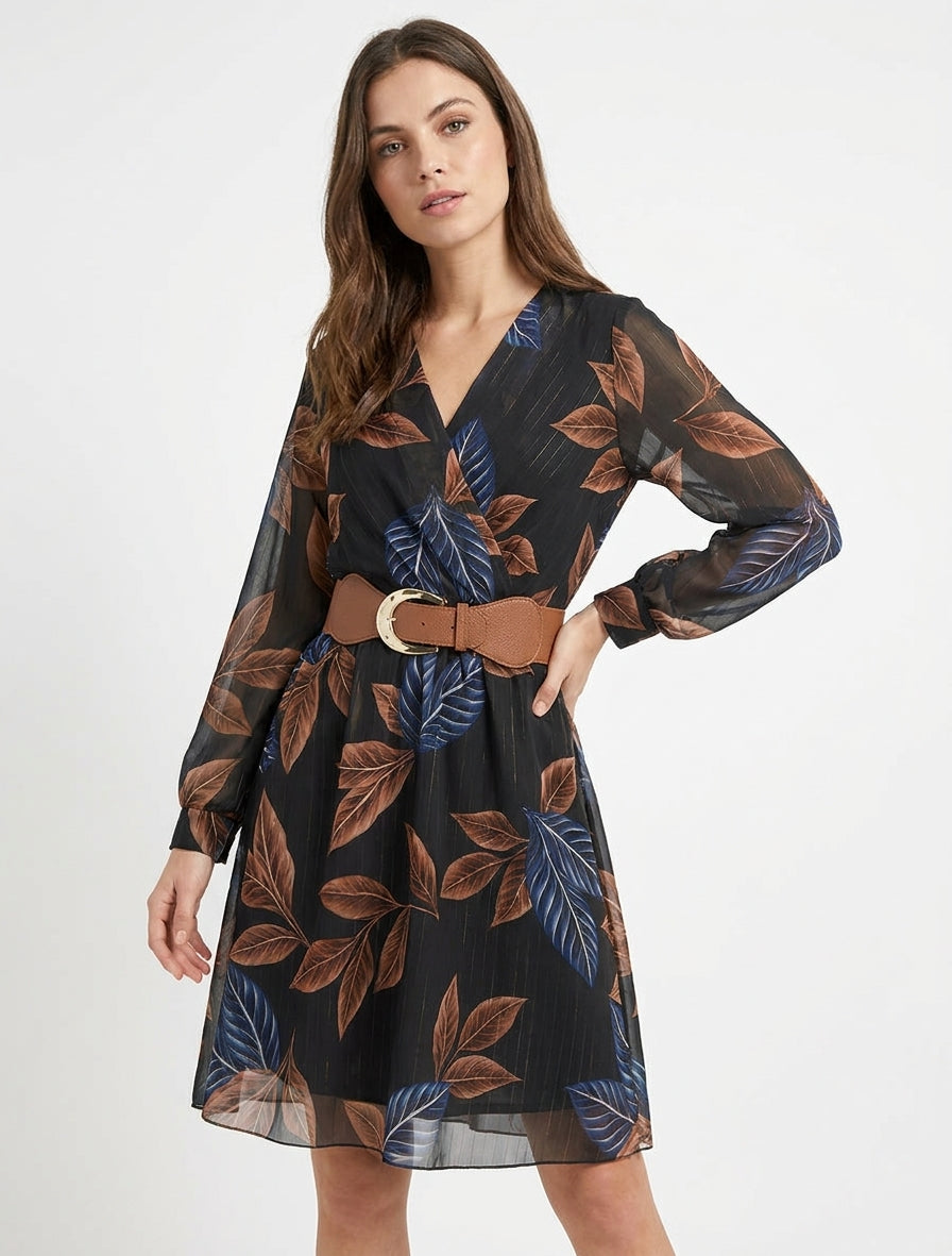 Midirok met elastiek en bladenprint - Zwart