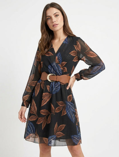 Midirok met elastiek en bladenprint - Zwart