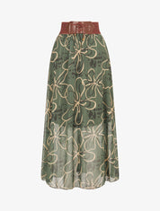 Jupe longue en voile à fleurs dessinées - Vert - 5