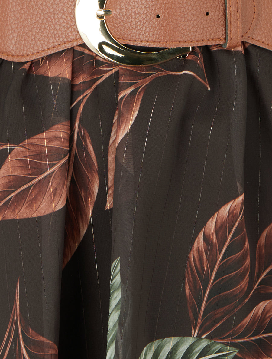 Robe mi-longue élastiquée imprimé feuilles - Marron - 3