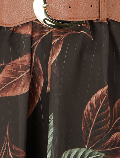 Robe mi-longue élastiquée imprimé feuilles - Marron - 3