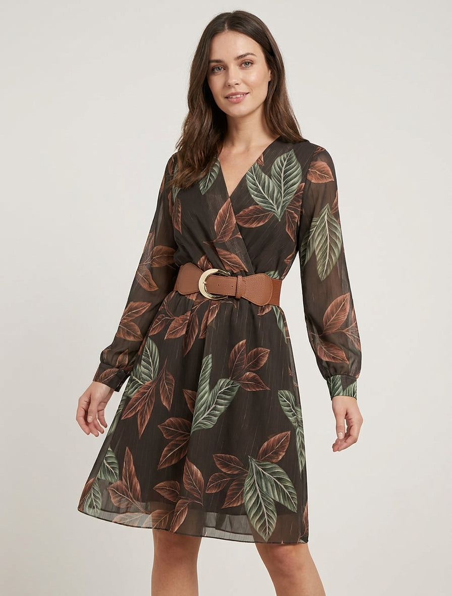 Midirok met elastiek en bladenprint - Bruin