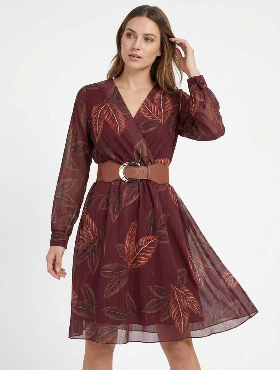 Midirok met elastiek en bladenprint - Wijnrood