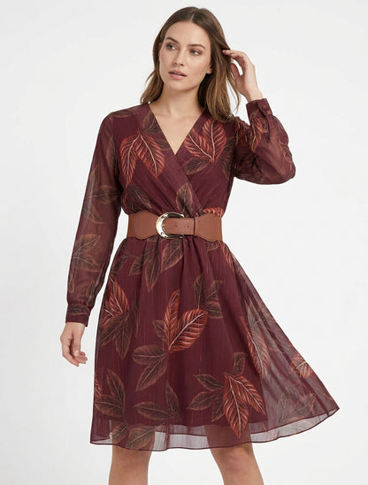 Midirok met elastiek en bladenprint - Wijnrood