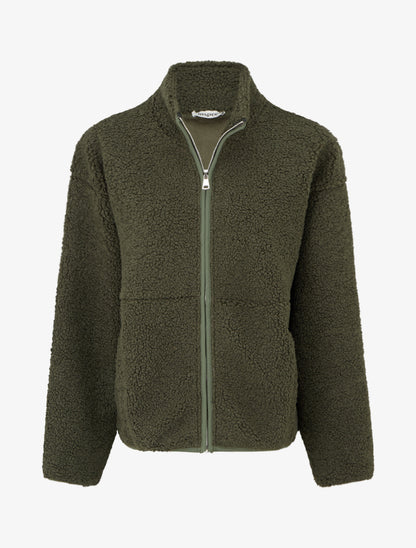 Veste effet laine bouclée à col montant - Kaki - 1
