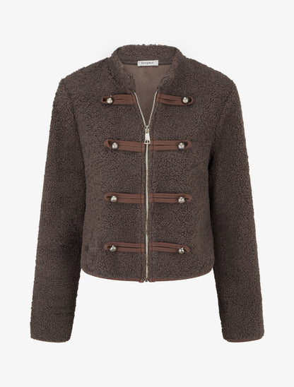 Veste effet laine bouclée style officier - Marron - 1