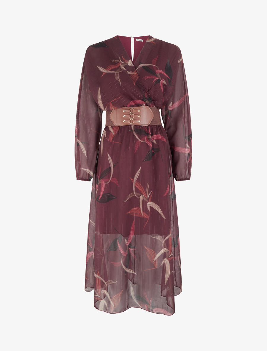 Robe longue imprimé feuilles à rayures irisées - Lie de vin - 1