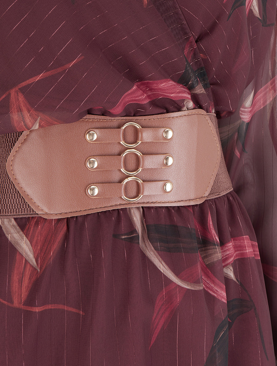 Robe longue imprimé feuilles à rayures irisées - Lie de vin - 3