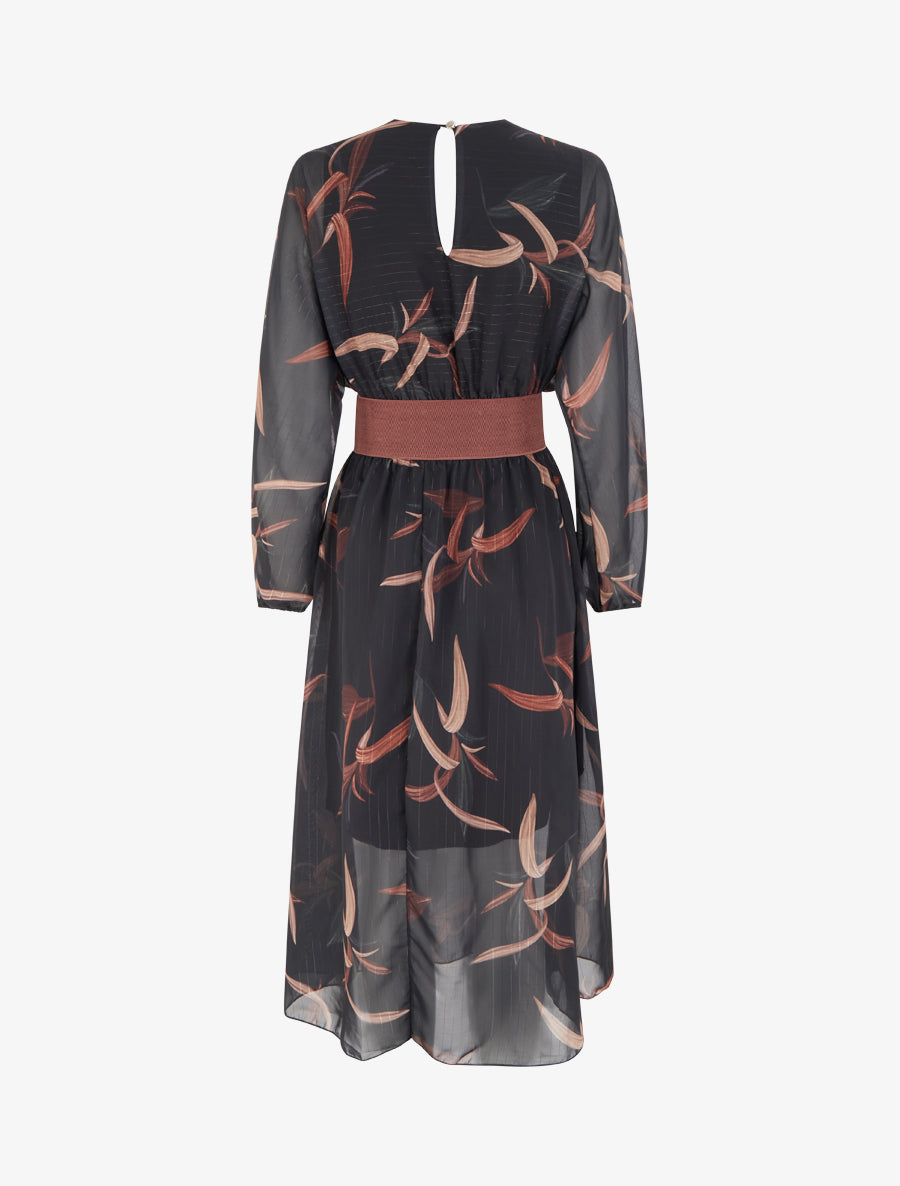 Robe longue imprimé feuilles à rayures irisées - Noir - 2