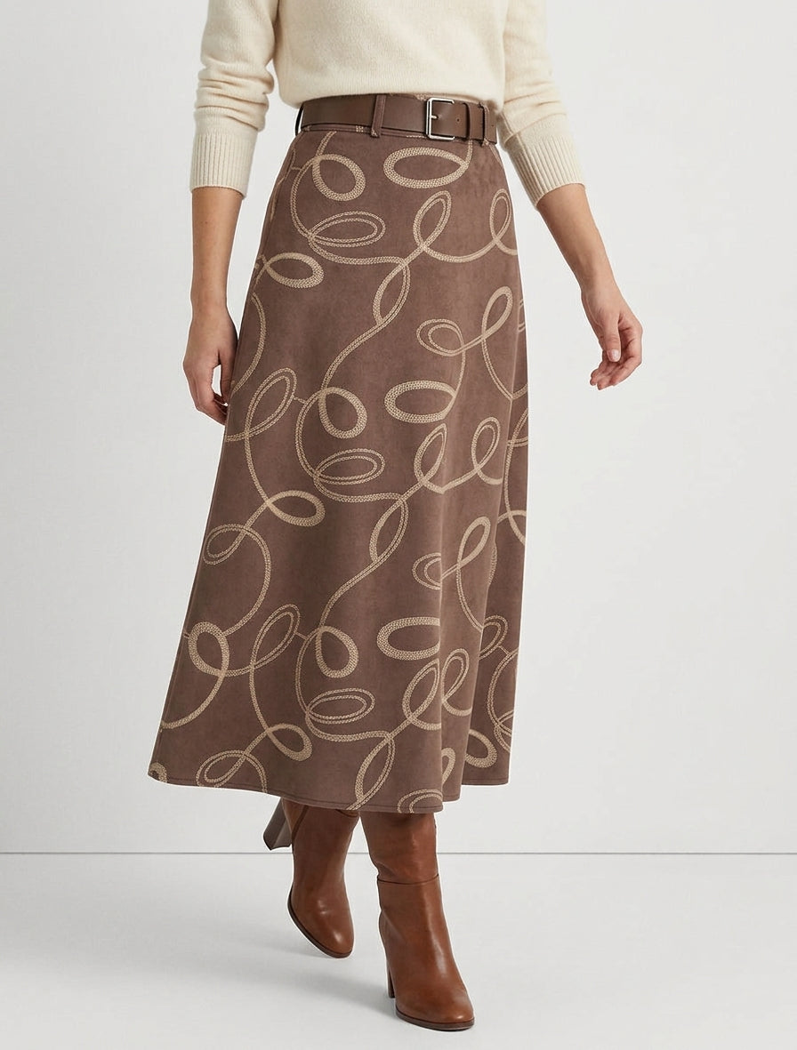 Lange rok met grafische print in suèdine - Bruin