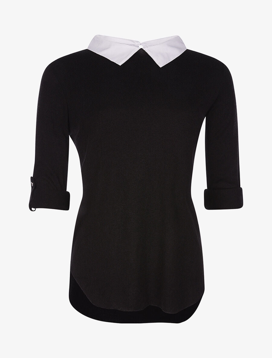 Pull doux col chemise - noir - 1