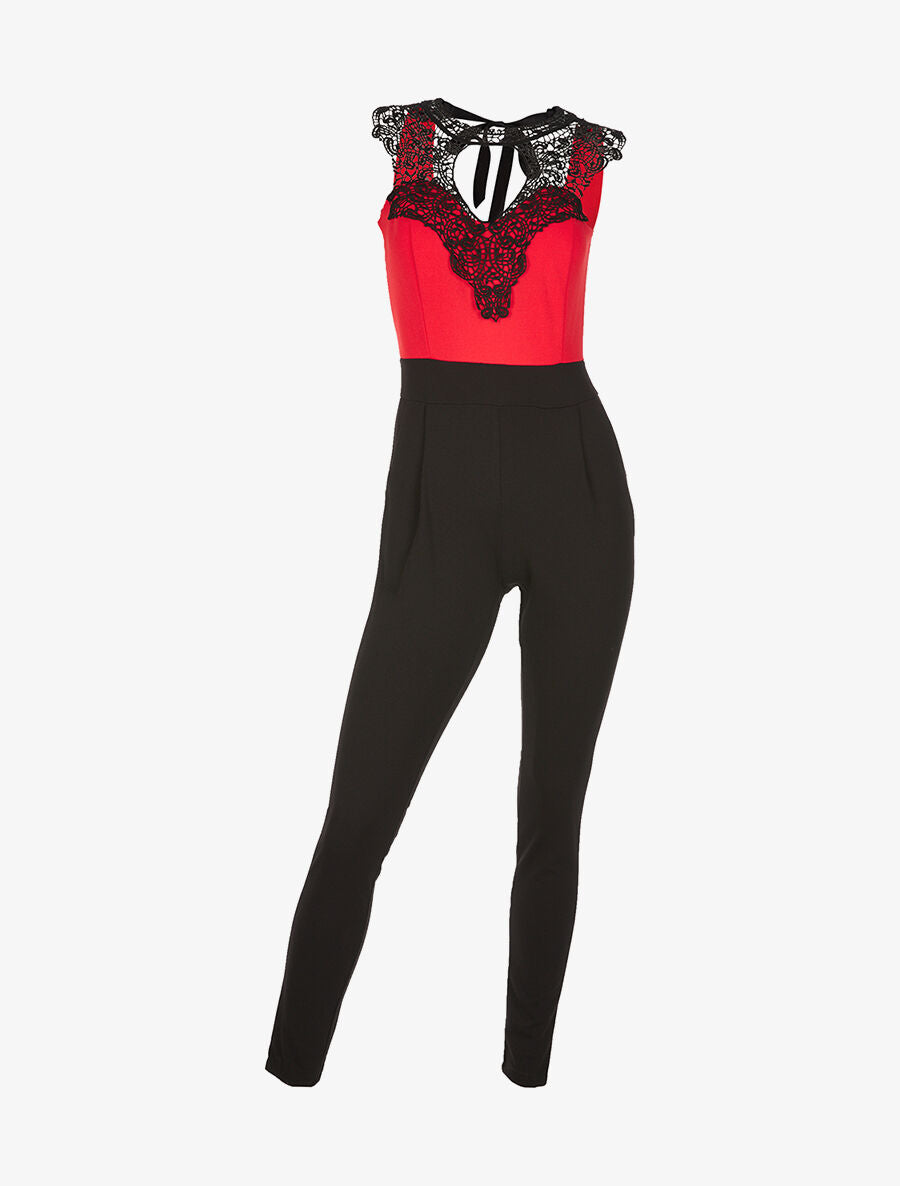 Combinaison buste dentelle nuque ruban - noir/rouge - 3