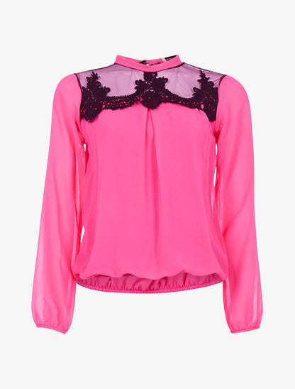 Top voile buste transparent à dentelle - fushia - 3