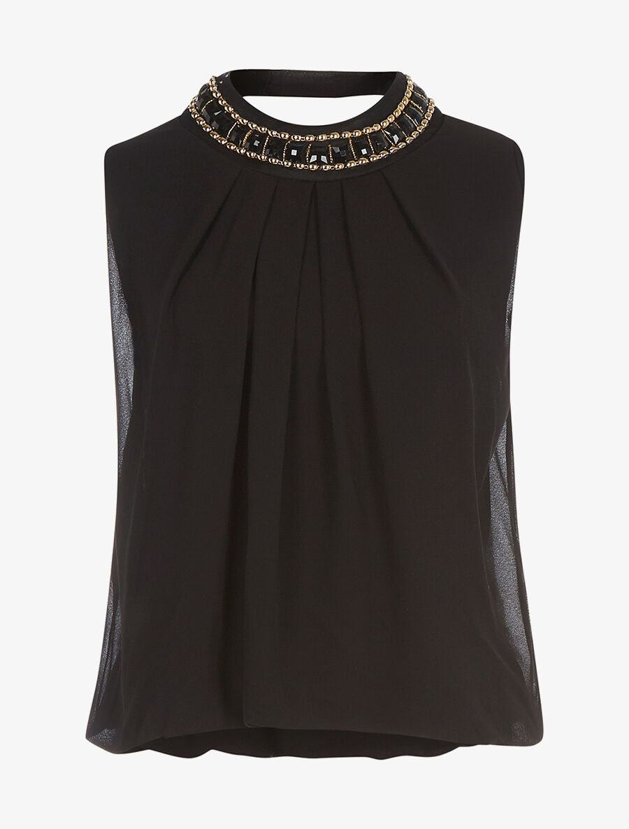 Top voile col bijoux noir - Noir - 1