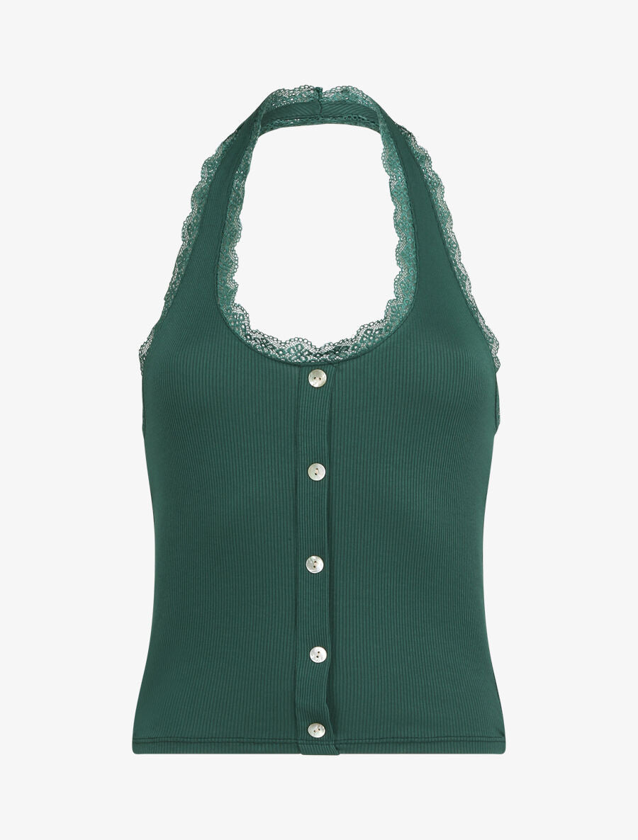 Top slim dos nu et dentelle - Vert foncé - 4