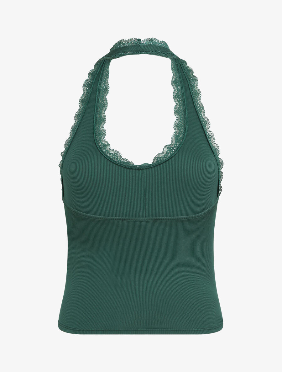 Top slim dos nu et dentelle - Vert foncé - 2