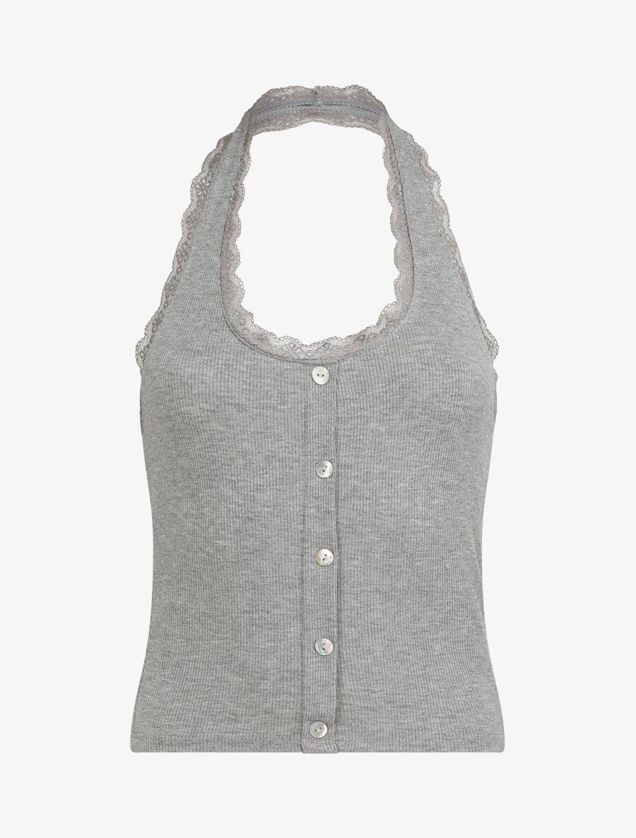 Top slim dos nu et dentelle - Gris chiné - 4
