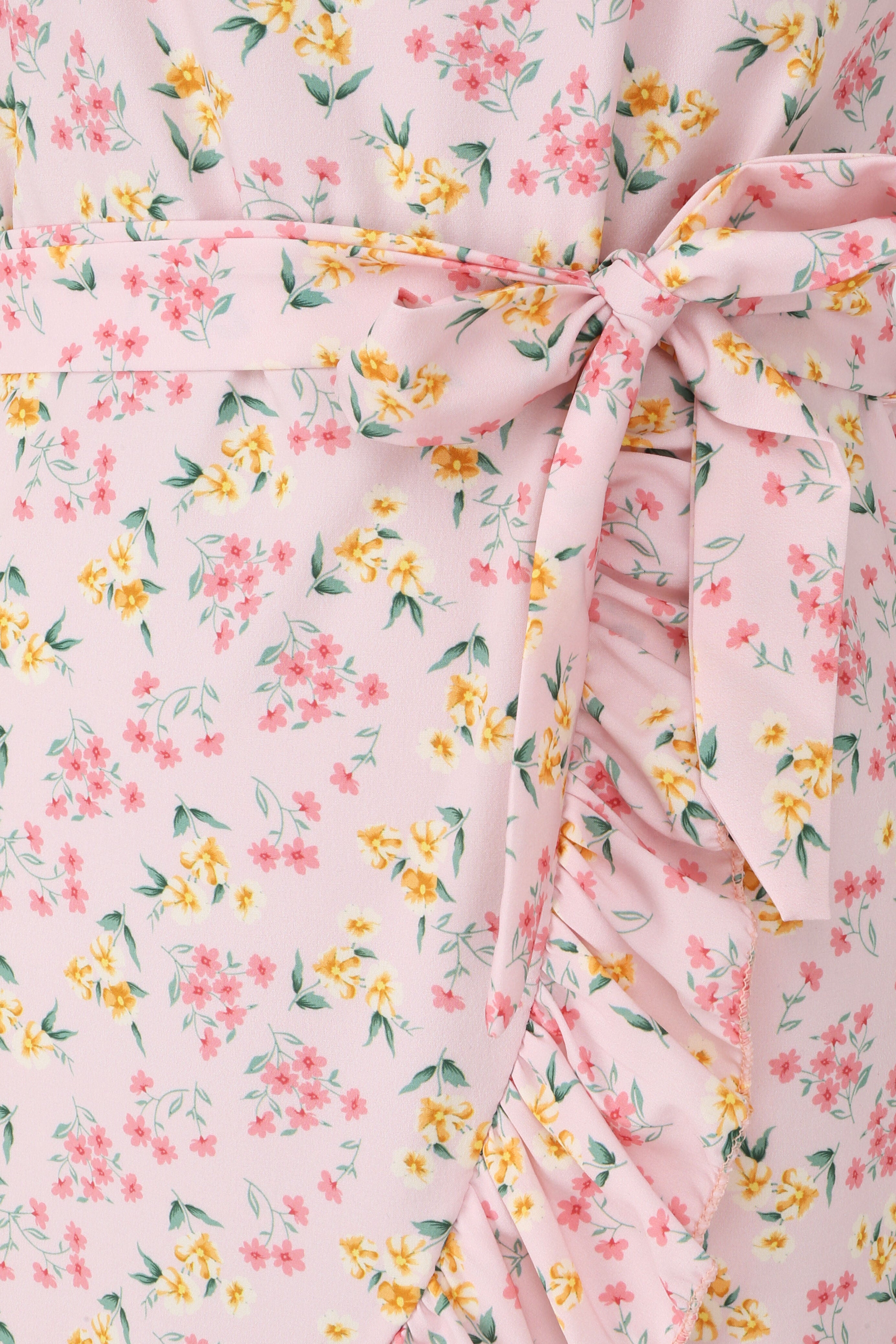 Robe imprimé fleurs des champs à bords volantées style portefeuille - Rose pâle - 3