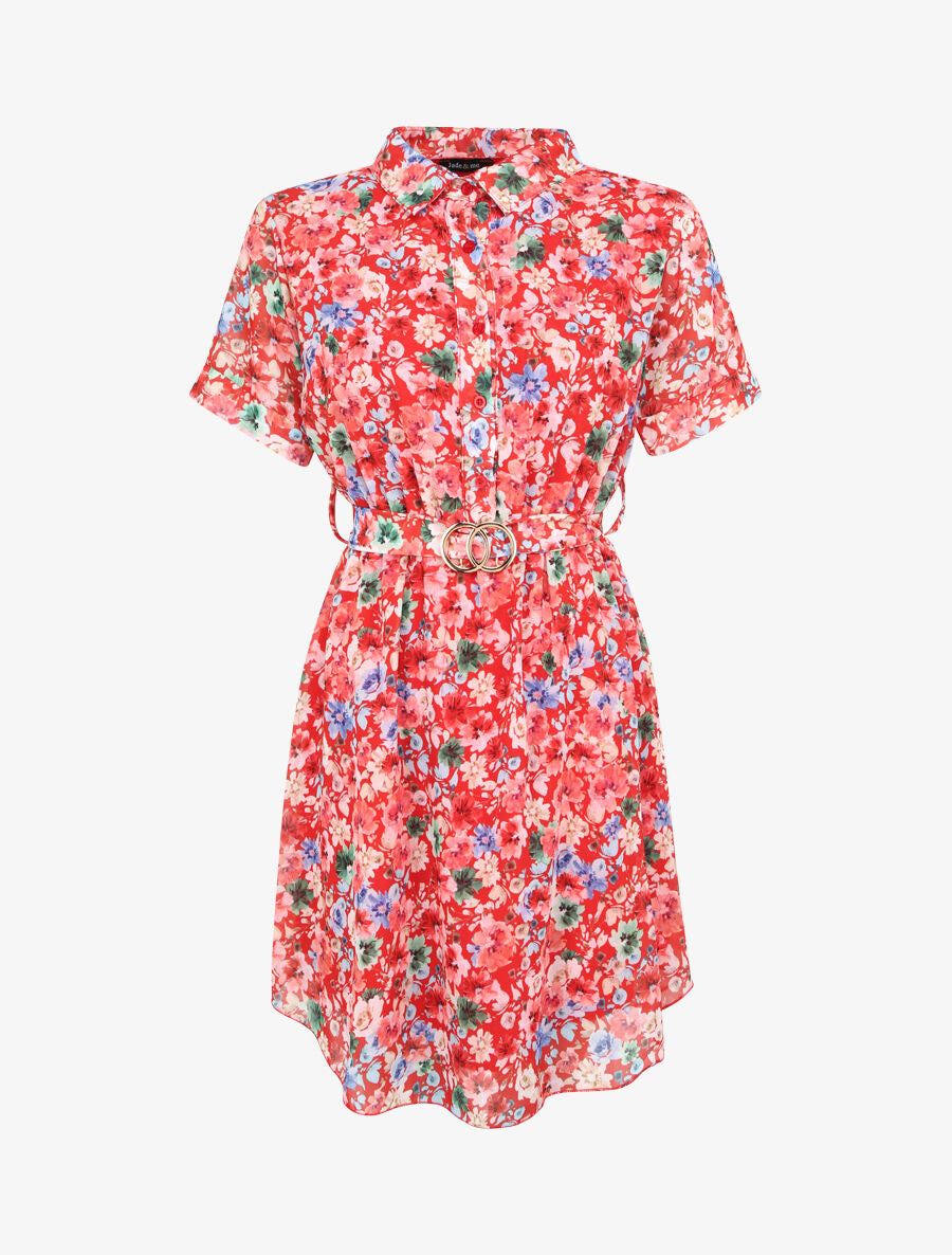 Robe patineuse courte imprimé printemps fleuri - Rouge - 1