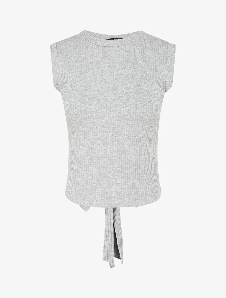 Top côtelé à ceinture à nouer - Gris - 1