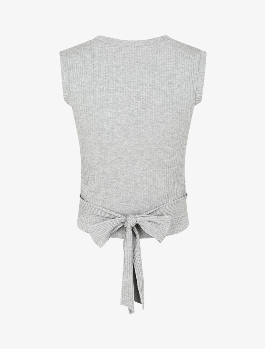 Top côtelé à ceinture à nouer - Gris - 2