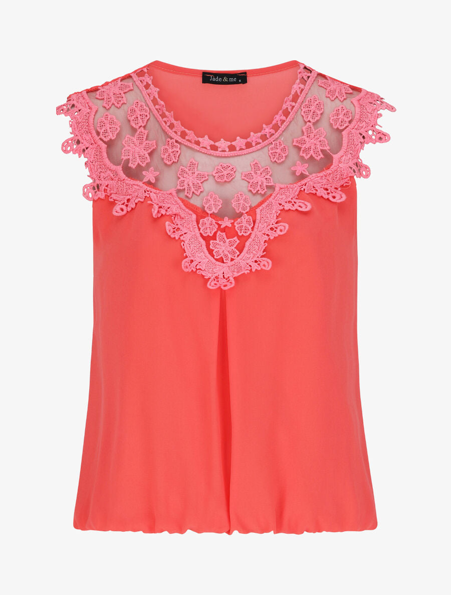 Top coupe boule à col en crochet et mesh - Corail - 1