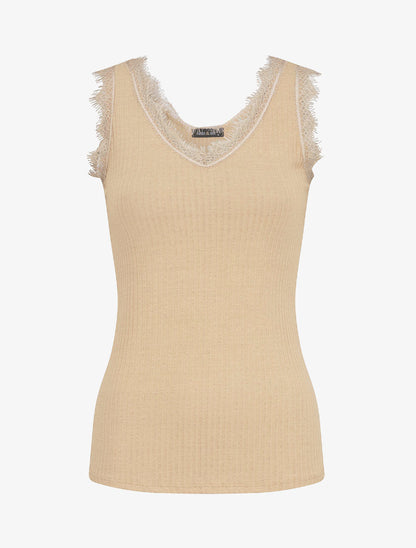 Débardeur droit côtelé à col dentelle - Beige - 1