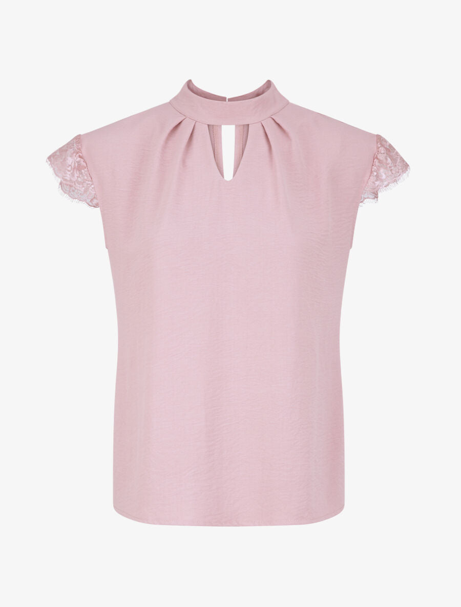Top droit uni à mancherons dentelle - Rose poudré - 1