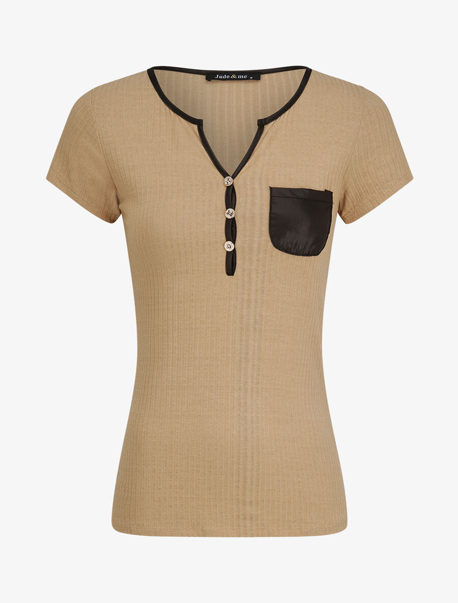 T-shirt slim uni côtelé - Beige - 1