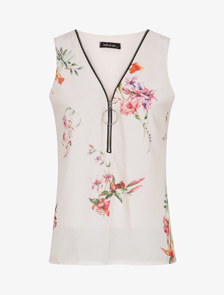 Top droit fleuri à col zippé - Beige - 5