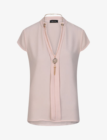 Top droit uni à col V bijou - Rose pâle - 4