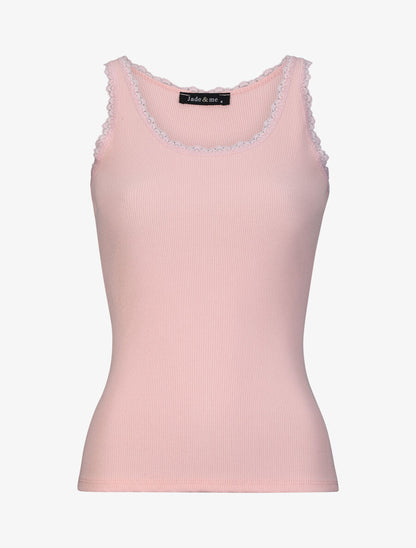 Débardeur slim uni à col rond dentelle - Rose - 1
