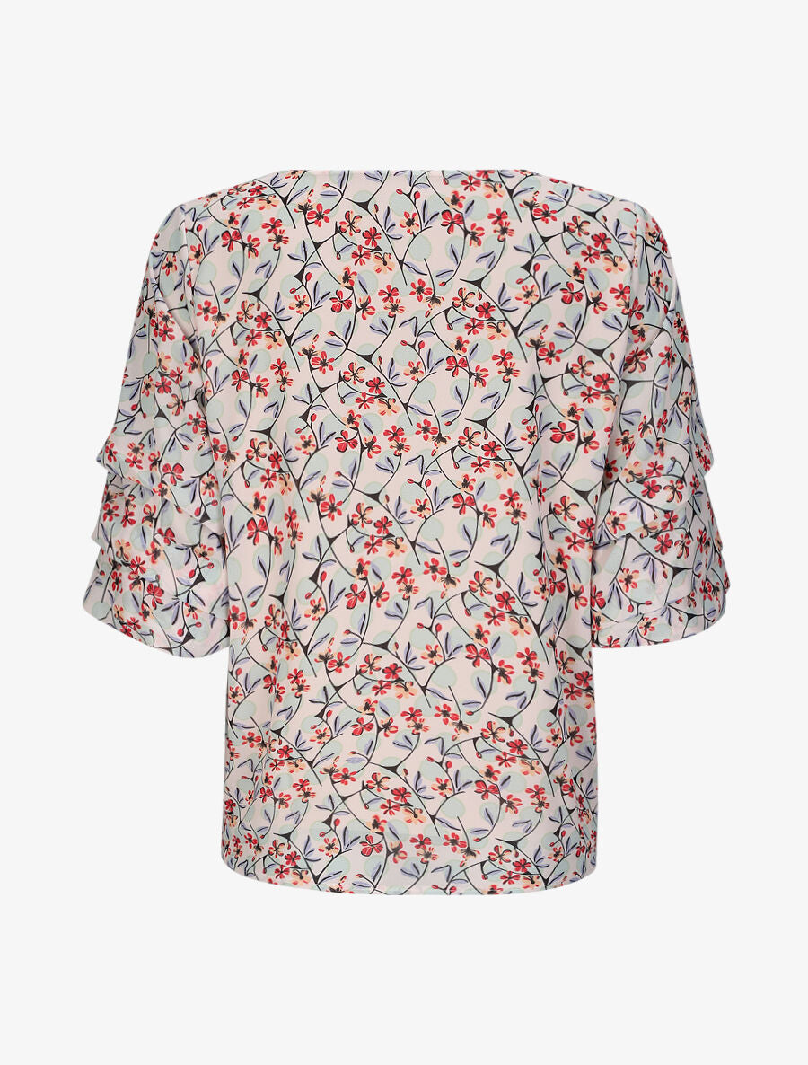 Top droit à manches volantées imprimé fleurs et pois - Beige - 2