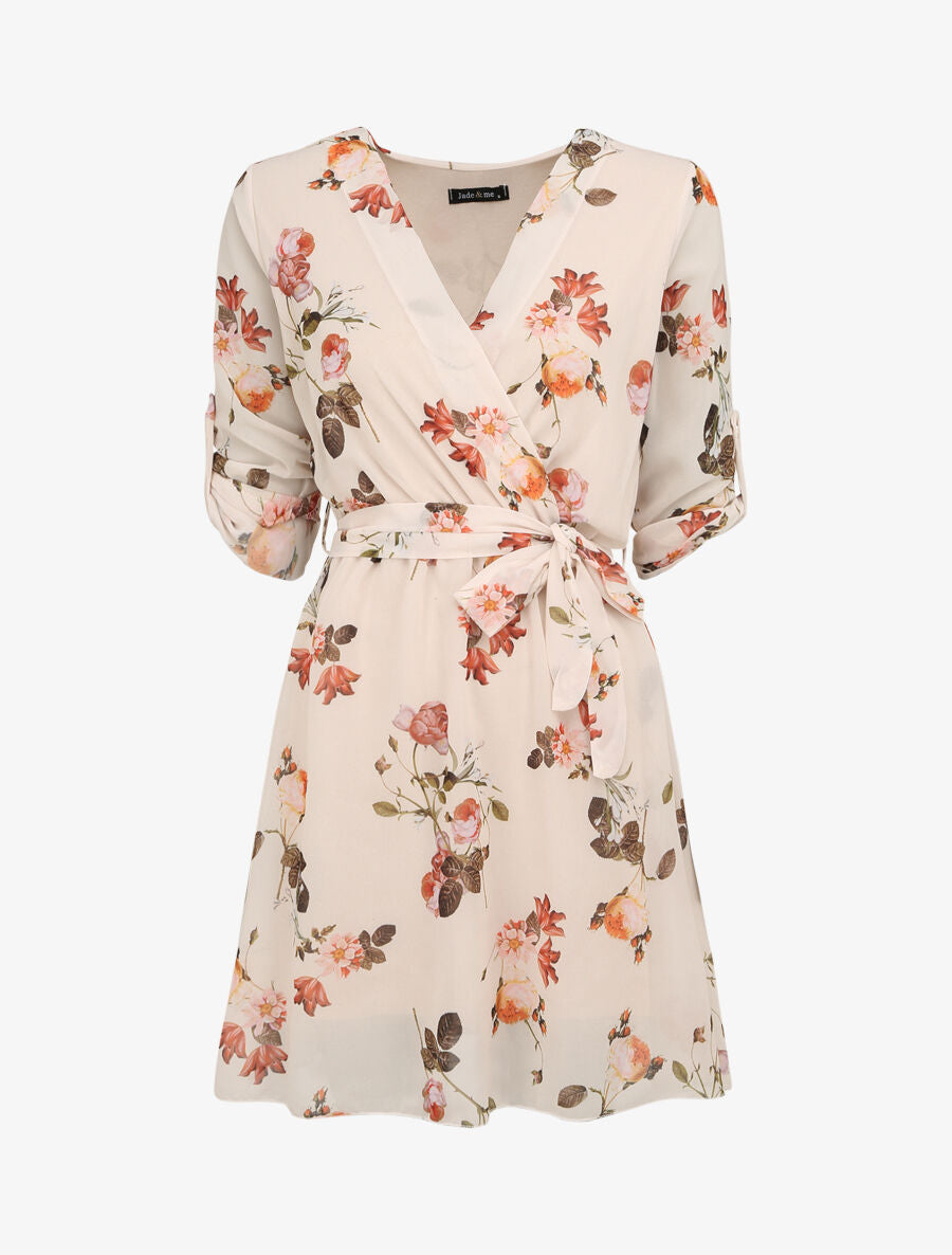 Robe imprimé roses sauvages à col cache-coeur - Beige - 5
