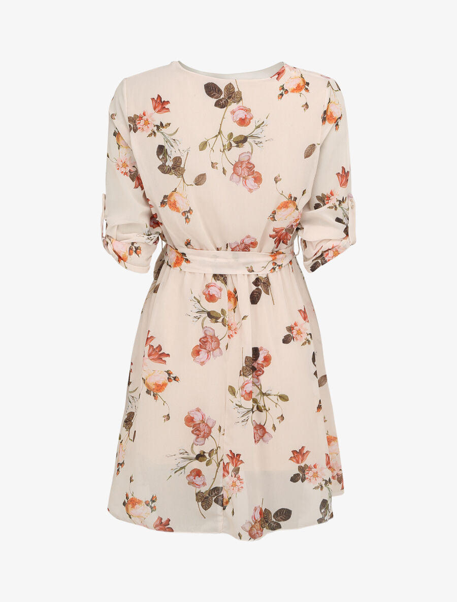 Robe imprimé roses sauvages à col cache-coeur - Beige - 2